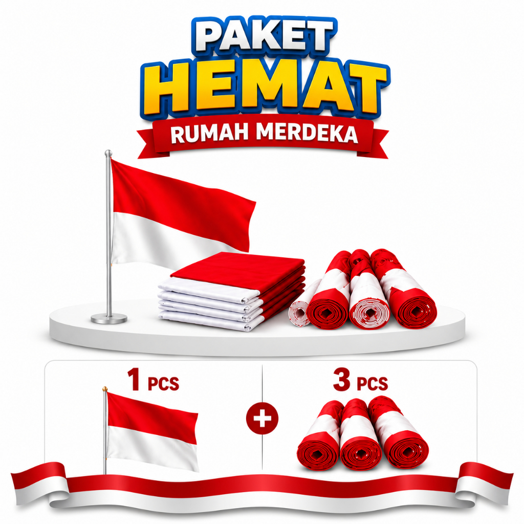 Paket Hemat Bendera Merah Putih 90 x60 riil 80 x50, Umbul Umbul Mix 2,7m x35cm Bahan poliester 