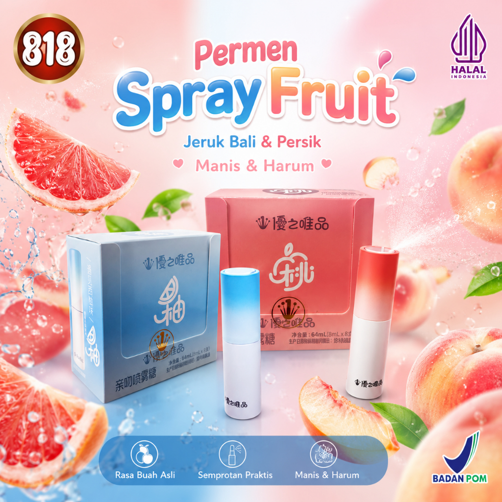 Spray Fruit Candy Permen Semprot Cium Rasa Persik Jeruk Bali Premium Halal BPOM Aroma Buah Menyegark