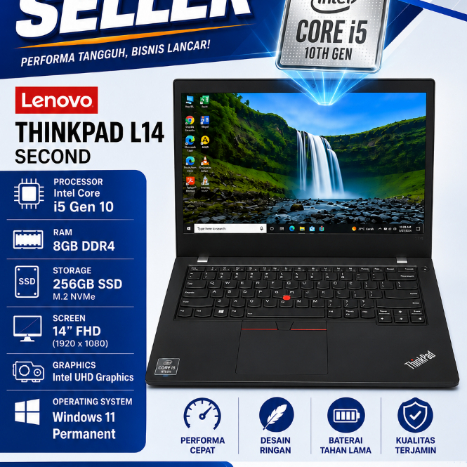 Laptop Second Lenovo L14 i5 Gen 10 RAM 8GB SSD 256Gb Windows 11 Layar 14
