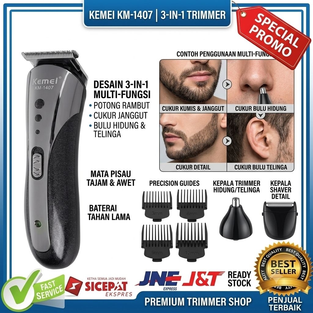 Mesin Pencukur Rambut KEMEI 3in1 Alat Cukur Rambut Kumis Jenggot Bulu Hidung Potong Rambut Cas Elekt