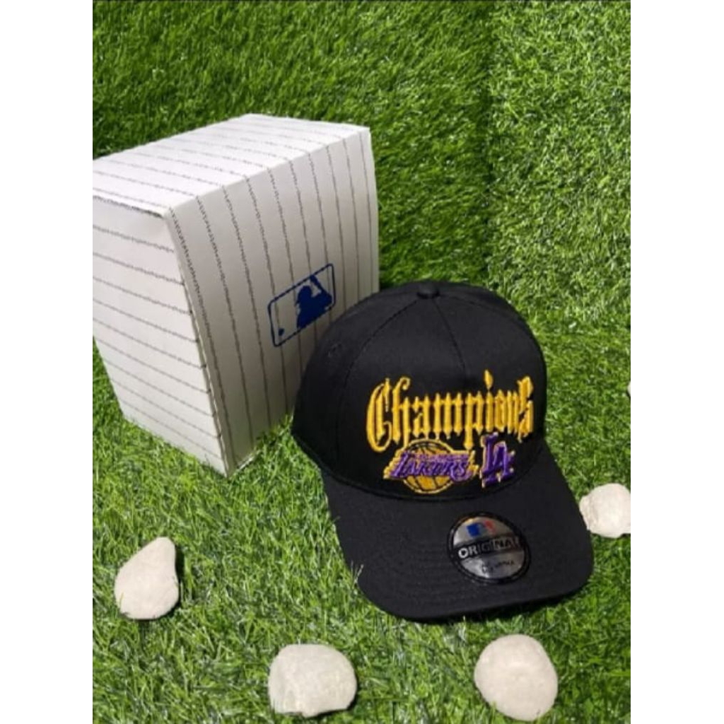 Lakers Yellow Purple CHAMPIONS LA Bahan Hitam Topi Premium