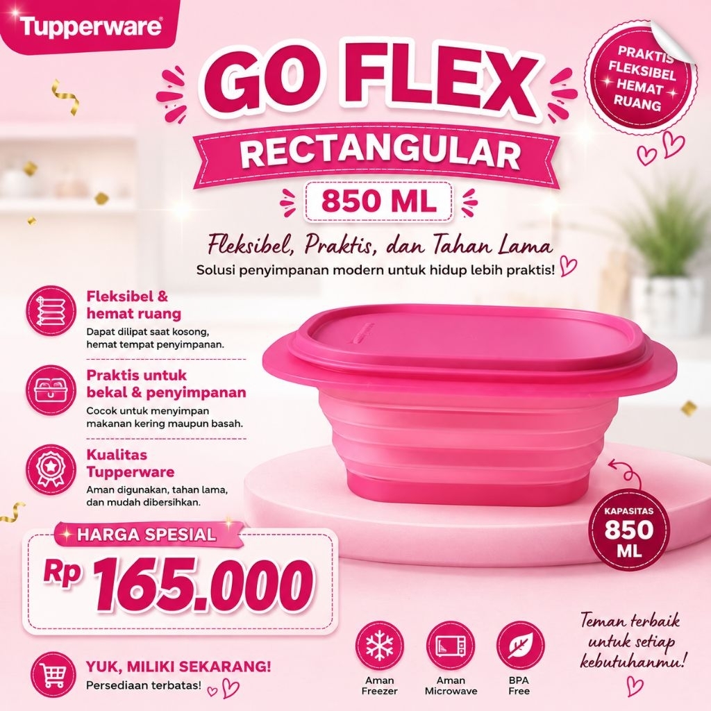 Tupperware Go Flex Rectangular 850 ml – Wadah Silikon Lipat BPA Free | Microwave, Freezer & Bekal Ma