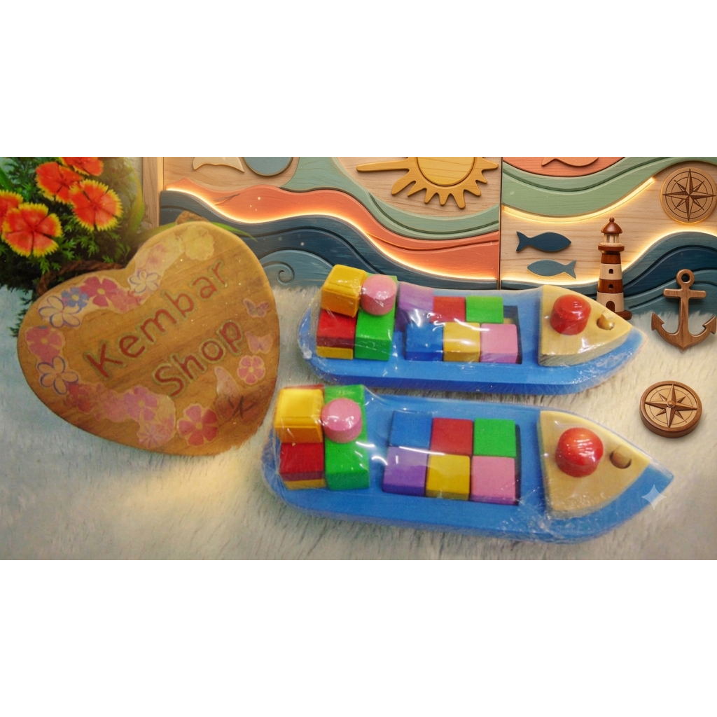 Mainan Kayu Edukatif APE Balok Kapal Warna Warni - Puzzle Balok Susun Perahu Anak PAUD TK