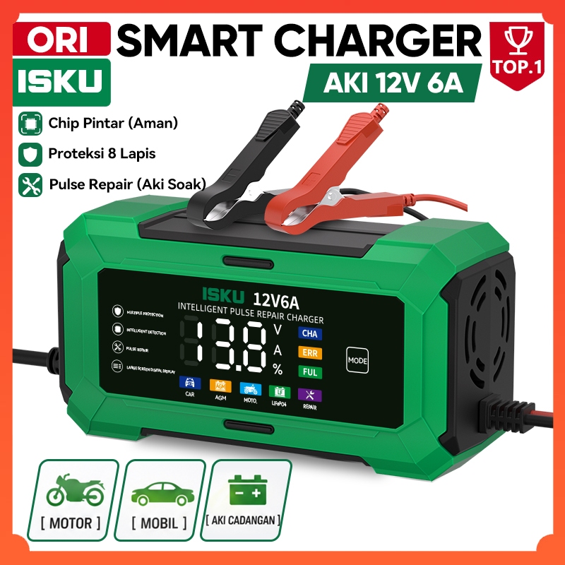ISKU Charger Aki Mobil Motor 12V 6A Alat Casan Baterai Kering Basah AGM Cerdas Otomatis Berhenti Mes