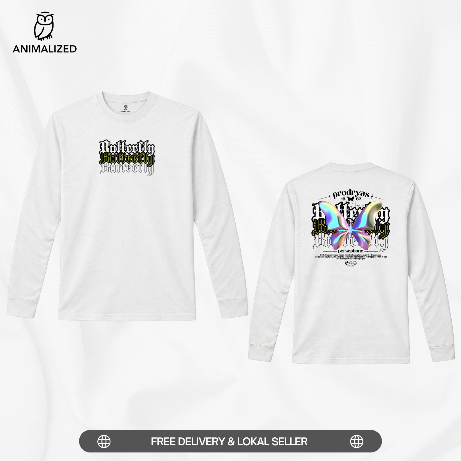 Animalized Kaos Pria Baju Lengan Panjang Kupu Kupu Butterfly Prodryas