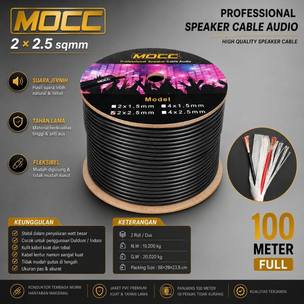Kabel Audio Speaker MOCC 2x2,5mm | Kabel Speaker Tebal Kuat 2x2,5mm Per Rol 100 meter
