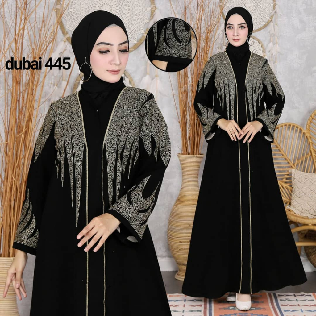 Gamis Abu-Abu Motif Batik Modern Lengan Panjang Model Dubai 445 Wanita Muslimah