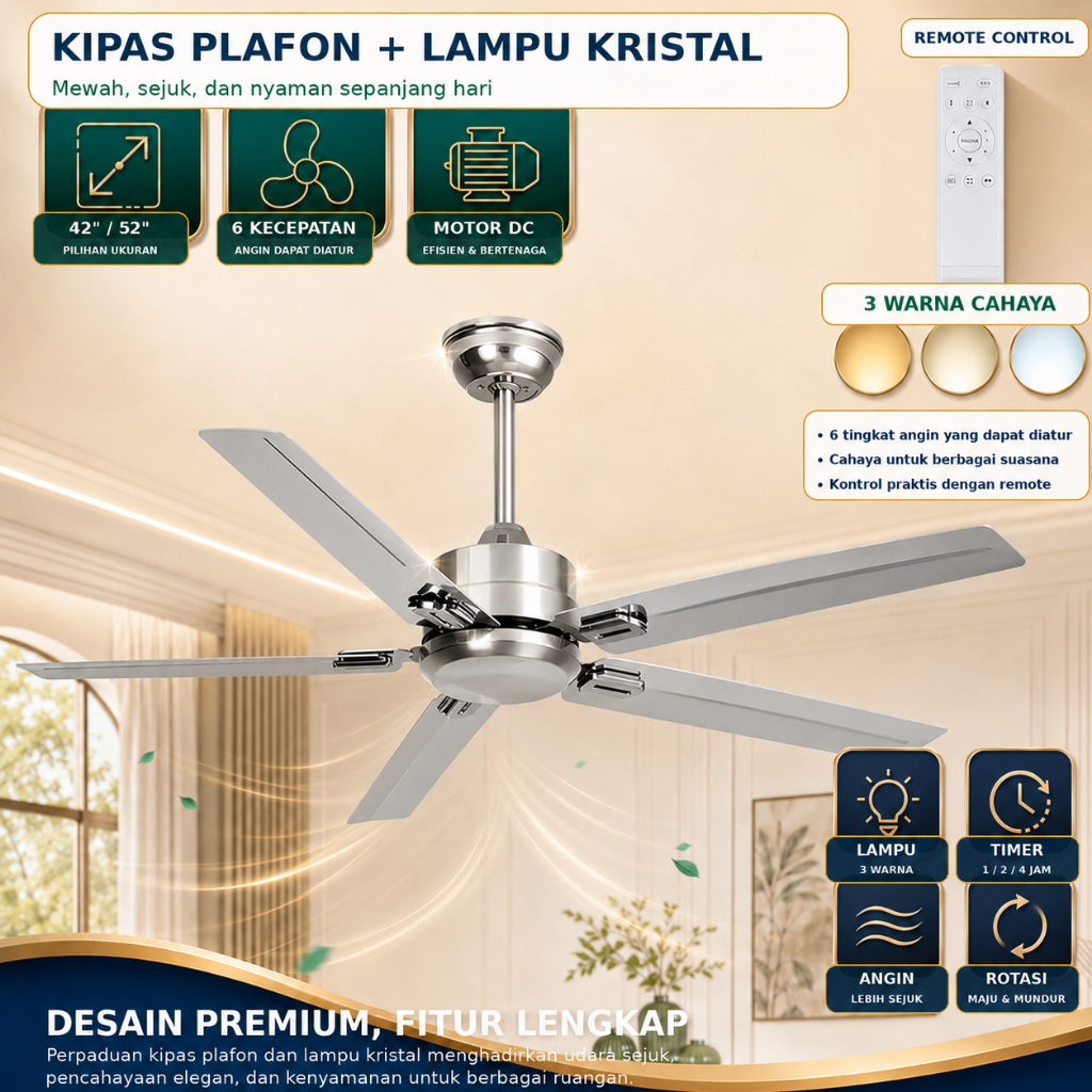 COD 52inci Kipas Angin Gantung Plafon Besi Daun DC 6 Kecepatan Kipas Gantung Baling Baling