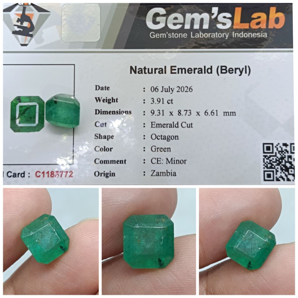 Natural Emerald Beryl Zambia 3,9ct memo GLI Zamrud Warna Bagus