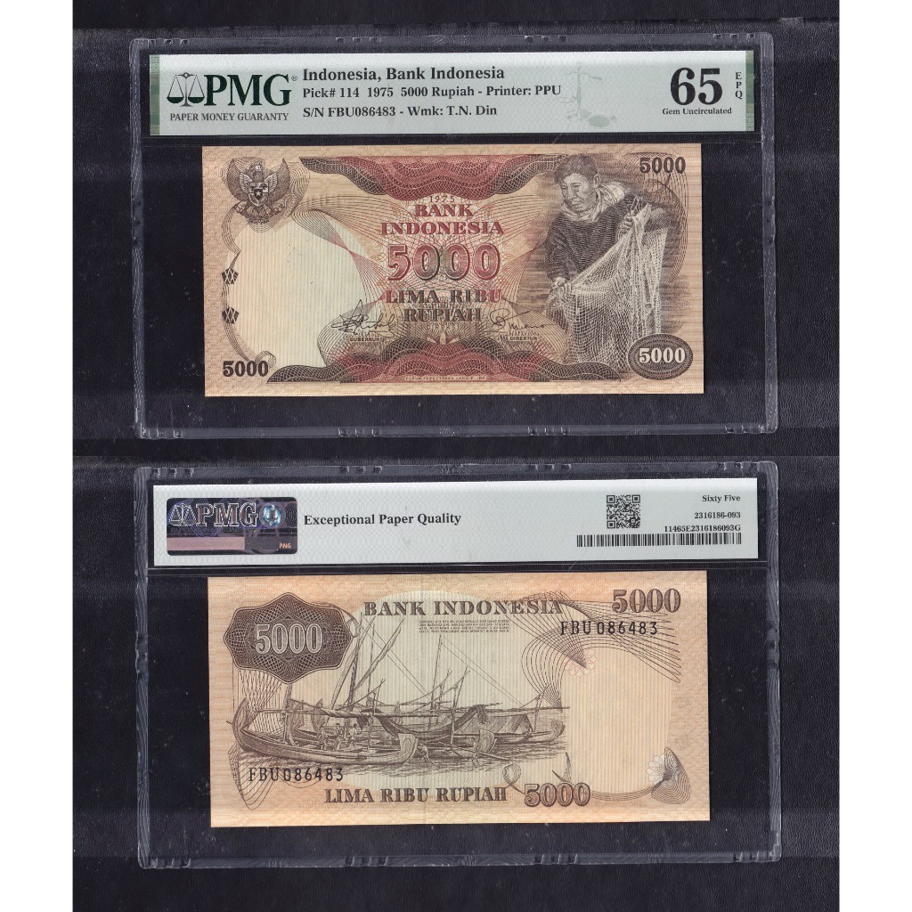 Uang kuno PMG 65 EPQ - 5000 rupiah  tahun 1975 'Nelayan Penjala Ikan S/N QBL034197
