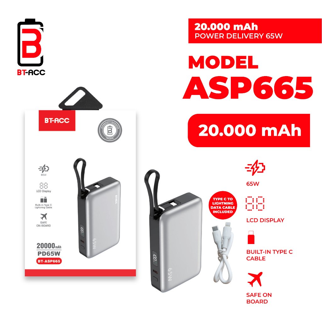 MJ - BT ACC BT-ASP665 Power Bank 20000mAh Support Power Delivery 65W Fast Charging - Grey
