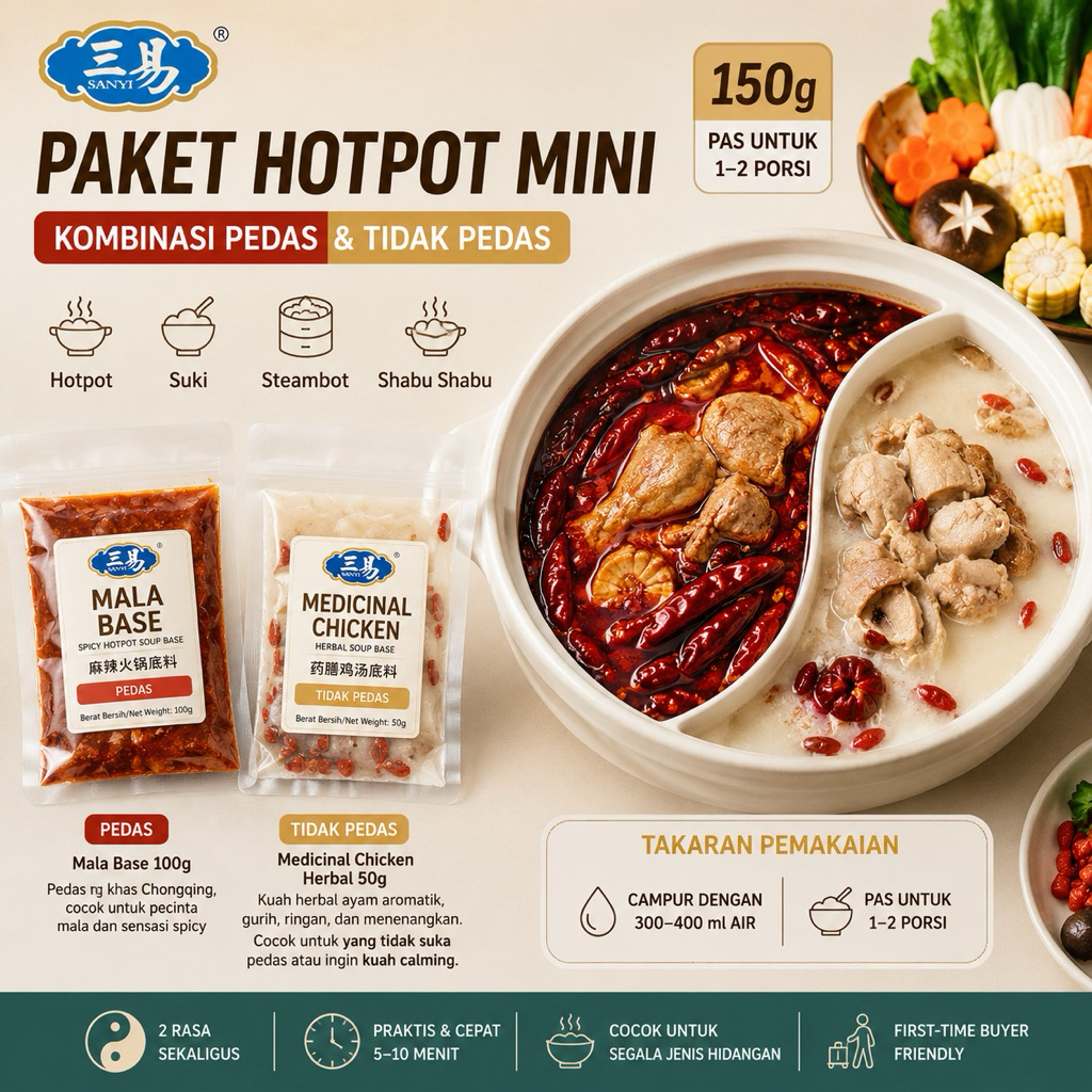 SANYI Paket Hotpot Personal Mini Double Flavour Malatang Khas Sichuan Chongqing 150g – Mala 100g + M