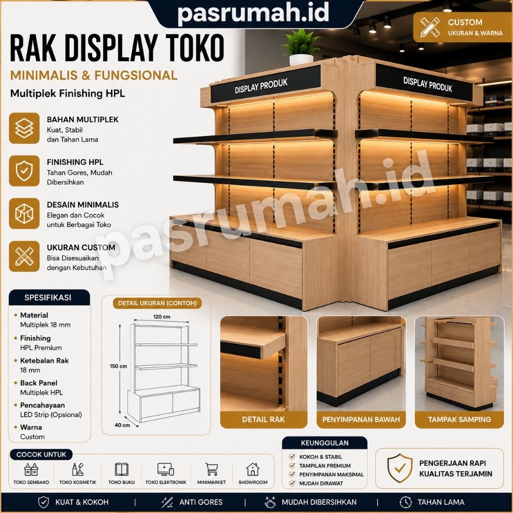 Rak Display Toko Custom HPL Minimalis | Multiplek 18 mm | Rak Etalase Modern | Harga Per Meter Lari 