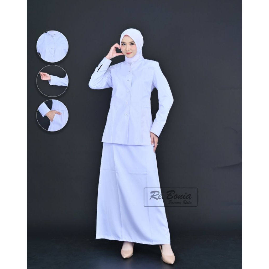 Seragam RE BONIA Putih  Rok Putih ASN Wanita ,Seragam NAKES Wanita Putih Rok Putih , Baju Dinas ASN 
