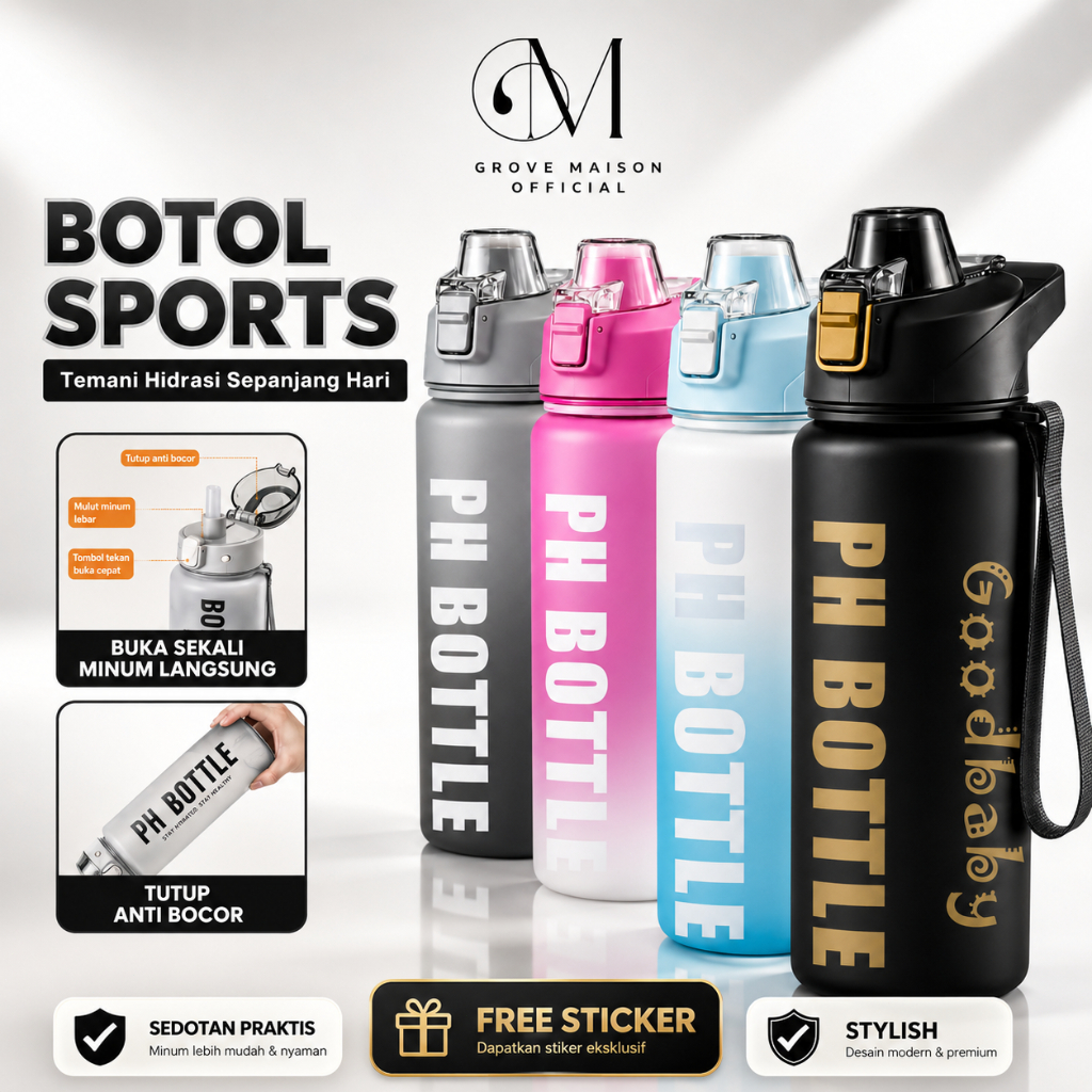 GROVE MAISON Botol Minum 1 Liter Sport BPA Free Tumbler Sedotan Anti Bocor Aesthetic