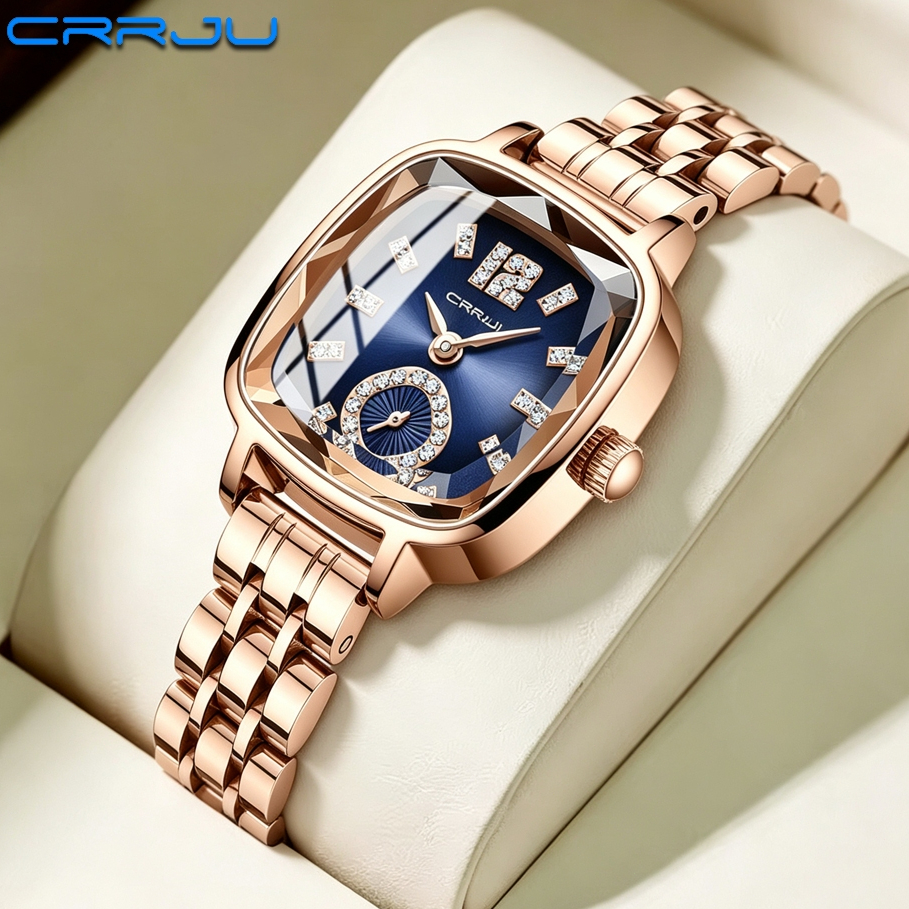 CRRJU Jam Tangan Wanita Kecil Analog 100% Tali Rantai Stainless Steel Dial Kotak Fashion Casual Simp