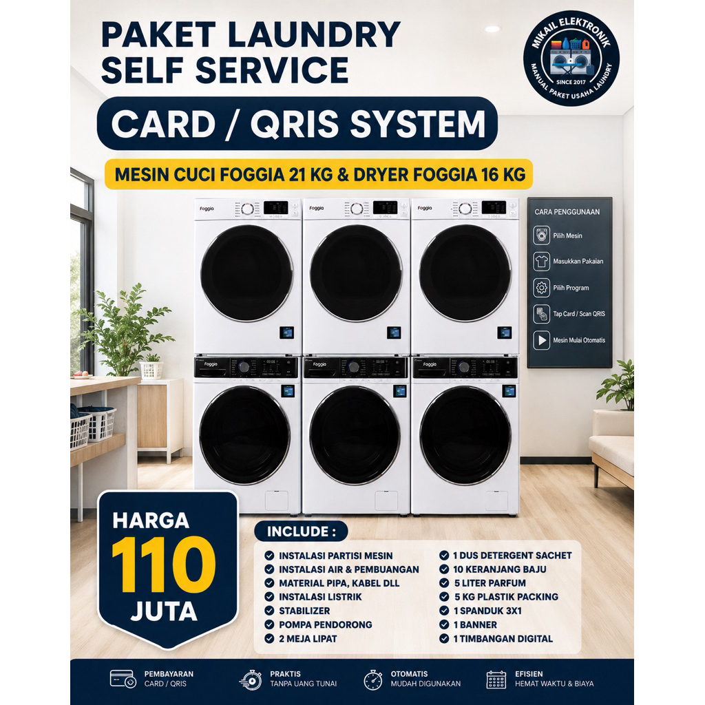 PAKET LAUNDRY SELF SERVICE MESIN FOGGIA 21 KG DRYER FOGGIA 16 KG LENGKAP PARTISI