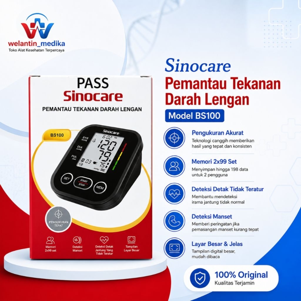 Sinocare BS-100 Alat Pengukur Tekanan Darah Digital Otomatis Tensimeter Lengan Atas LCD