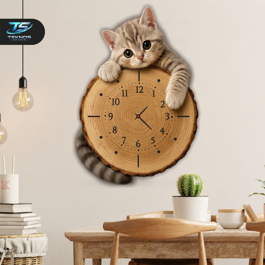 Jam Dinding Kucing Aesthetic - Hiasan Dinding Kamar dan Ruang Tamu - Jam Dinding Karakter Kucing 3D