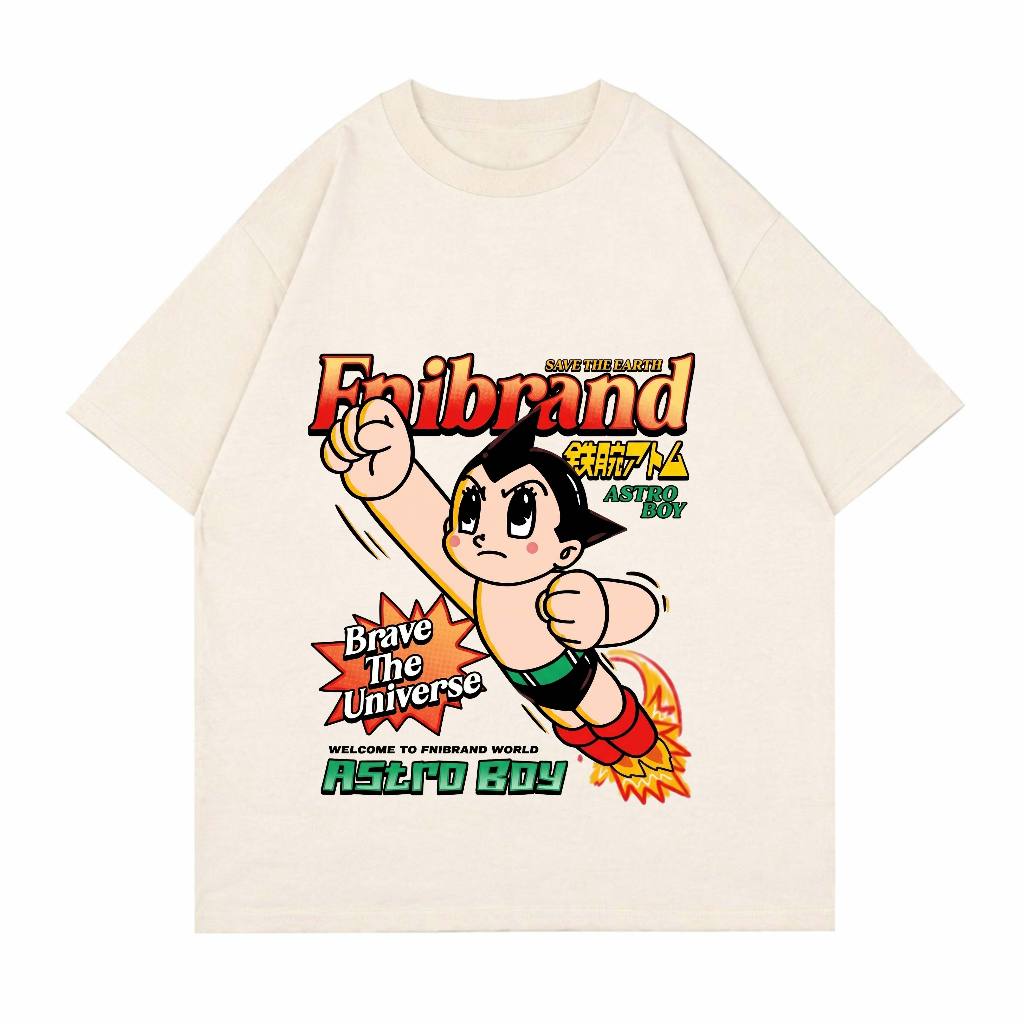 T-shirt lengan pendek motif Astro Boy pose terbang gaya street art vintage font slogan eye catching,