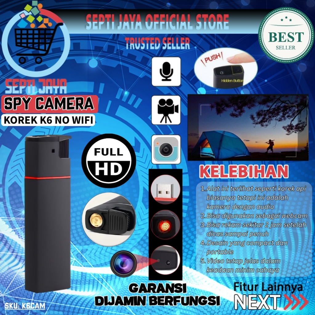 SEPTIJAYA Kamera Korek K6 Spy Camera Full HD 1080P No WiFi Mini Cam USB Rechargeable Suport Micro SD