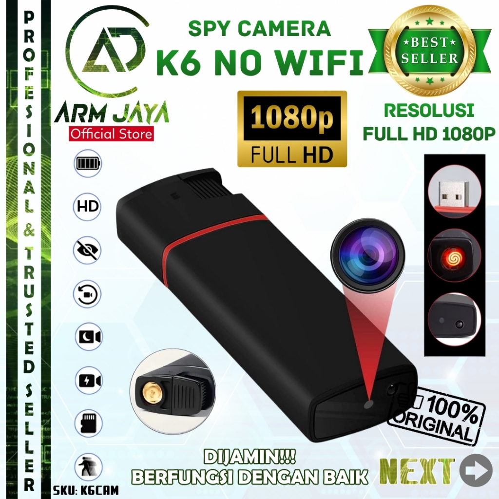 ARMJAYA Spy Camera K6 No WiFi Kamera Korek Mini Full HD 1080P USB Rechargeable Suport Kartu Micro SD