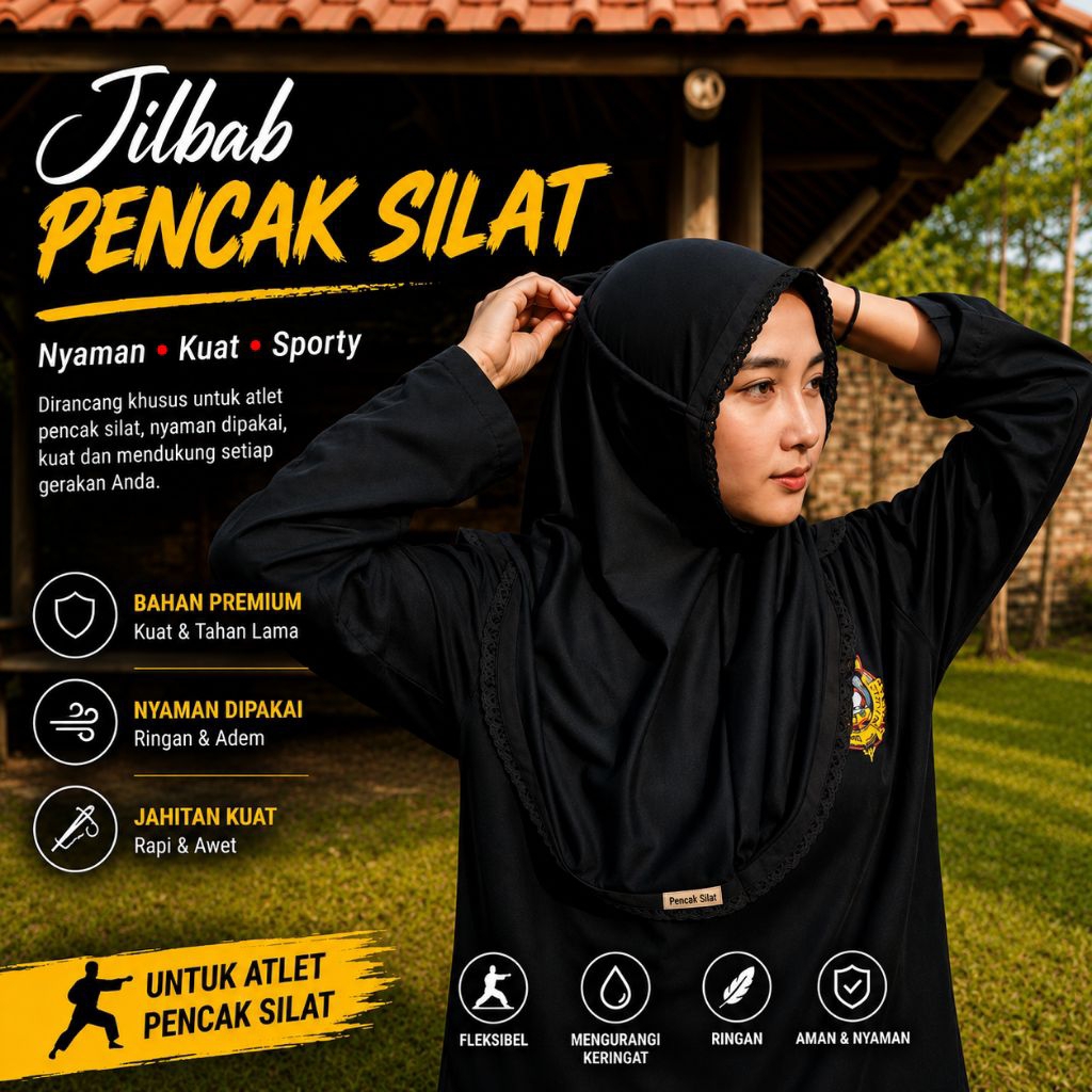 Jilbab Pencak Silat Hitam/Kerudung Pencak silat/Jilbab Olahraga