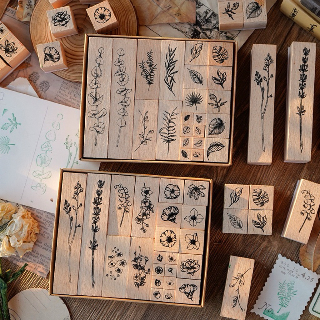 (IAS) Stamp Wooden Kayu Seal Stempel Bunga Flower Leaf Daun Tumbuhan Vintage Retro