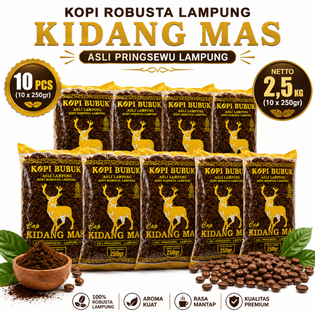 10 Bungkus Kopi Bubuk Kidang Mas Asli Kemasan 250gr