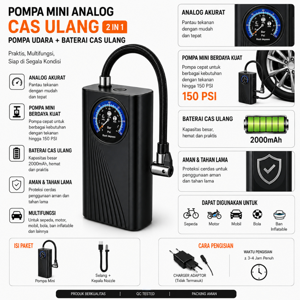 Pompa Angin Mini Portable Analog Rechargeable Kompresor Ban Sepeda Motor Mobil Bola USB