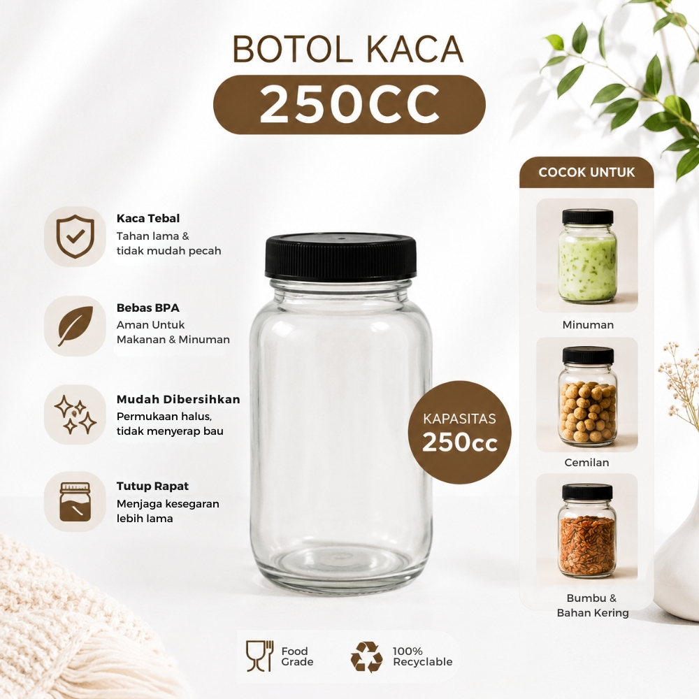 Botol Kaca 250ml 250cc Tutup Hitam | Botol Jus | Botol Kopi Susu | Vas Mini | Botol Kaca Multifungsi