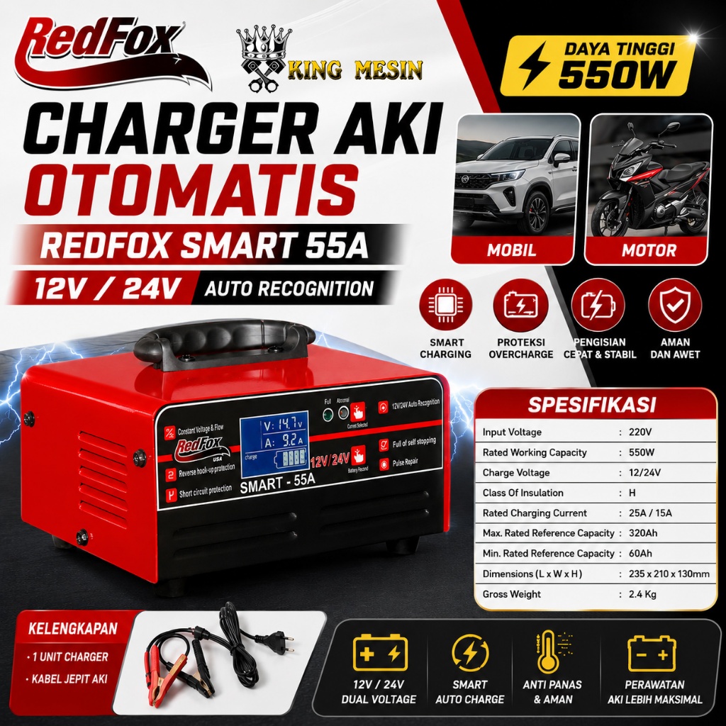 Charger Aki Otomatis RedFox Smart 55A 12V 24V | Battery Charger Cas Aki Mobil Motor