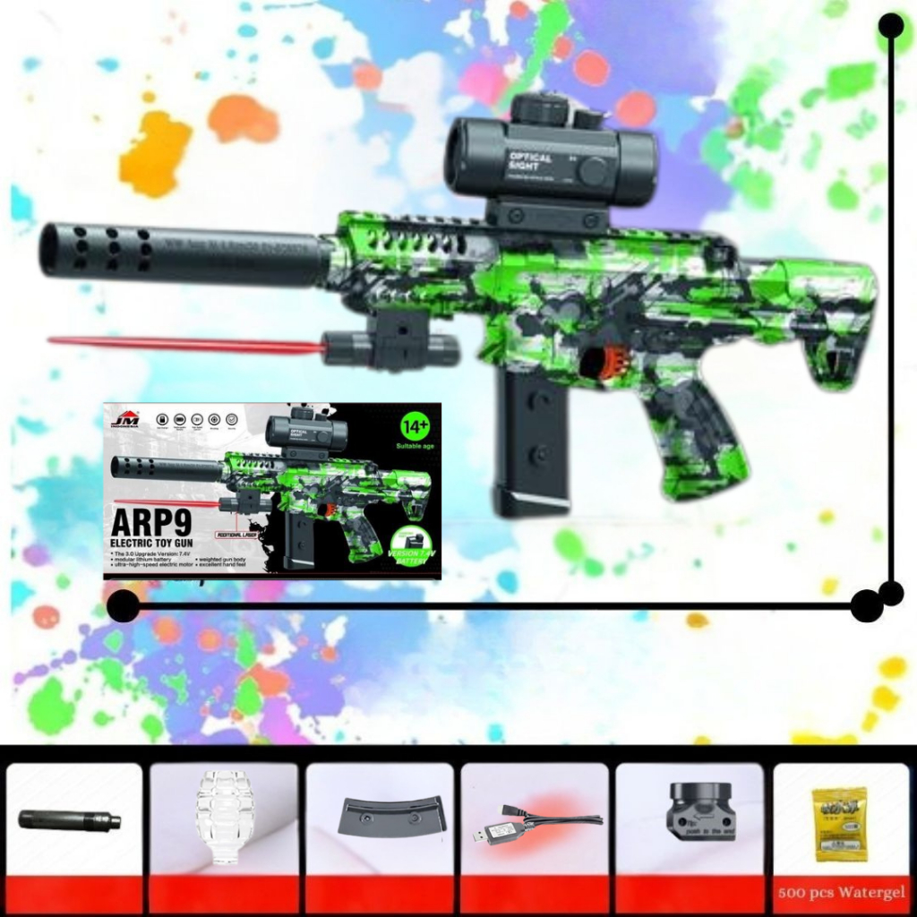 Mainan WGB ARP9 Hijau Camouflage Dengan Laser, Scope, 500pcs Watergel