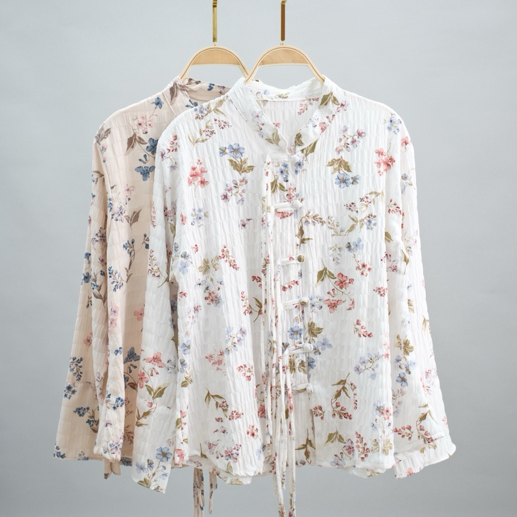 Cheongsam Blouse Lengan Panjang / Flower Blouse Korea / Blouse Korea Motif Bunga