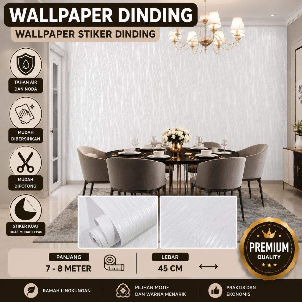 Wallpaper Dinding Polos Putih Wave Emboss 7m s/d 8m x 45cm
