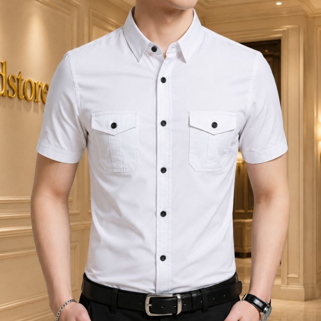 KEMEJA PUTIH PRIA LENGAN PENDEK  /KEMEJA LAPANGAN/KEMEJA KERJA/BAJU HEM