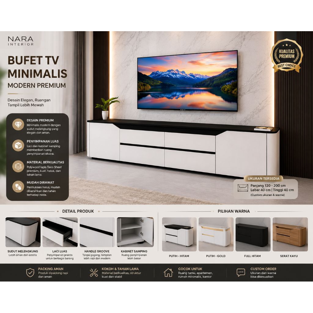Bufet TV Minimalis Modern Premium | Meja TV Minimalis | Cabinet TV Putih Hitam