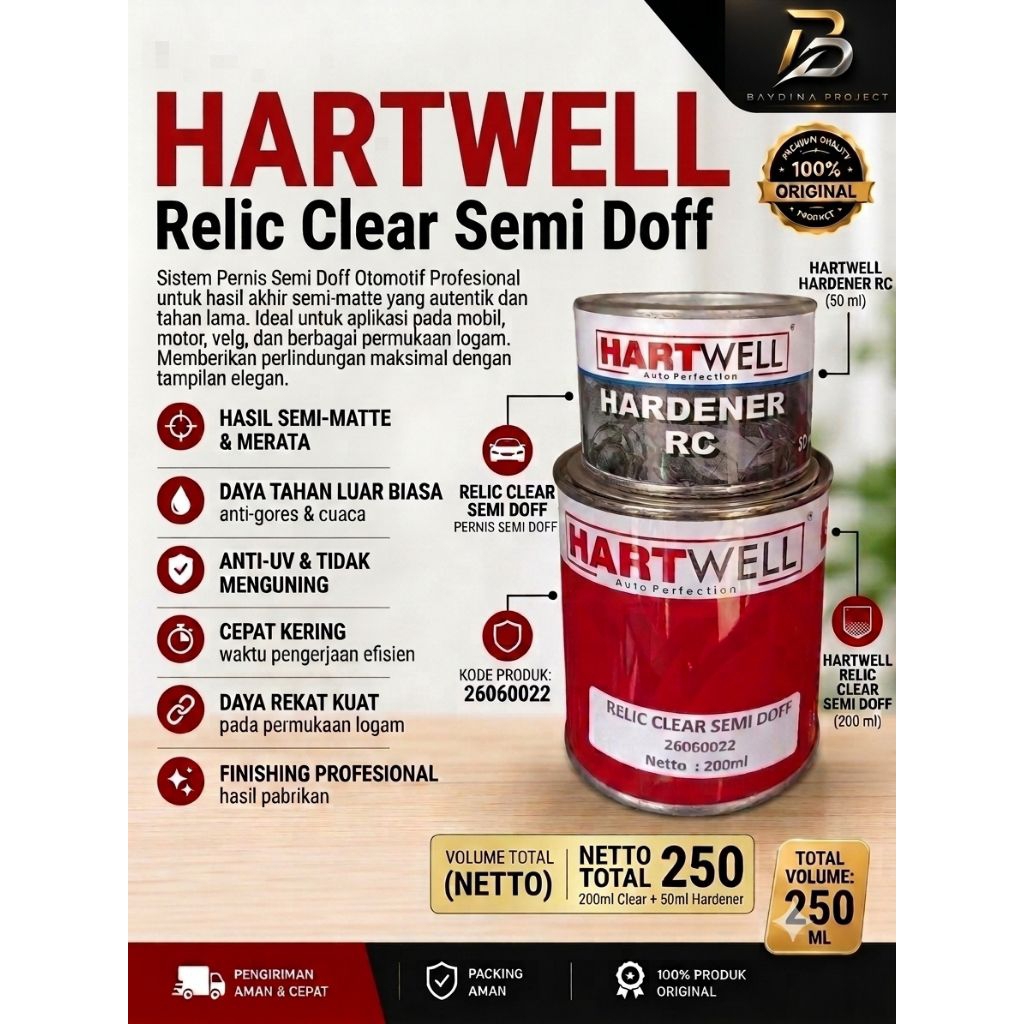 Clear Coat Semi Doff Hartwell 250ml Pernis Cat Mobil Motor Velg Anti Gores UV