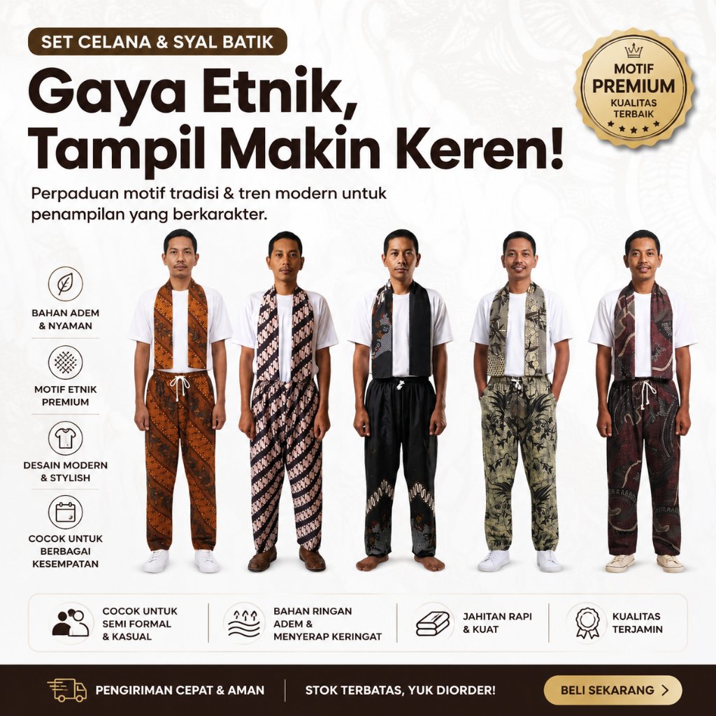 Set Celana Batik Pria Premium + Selendang Batik Ukuran Dewasa