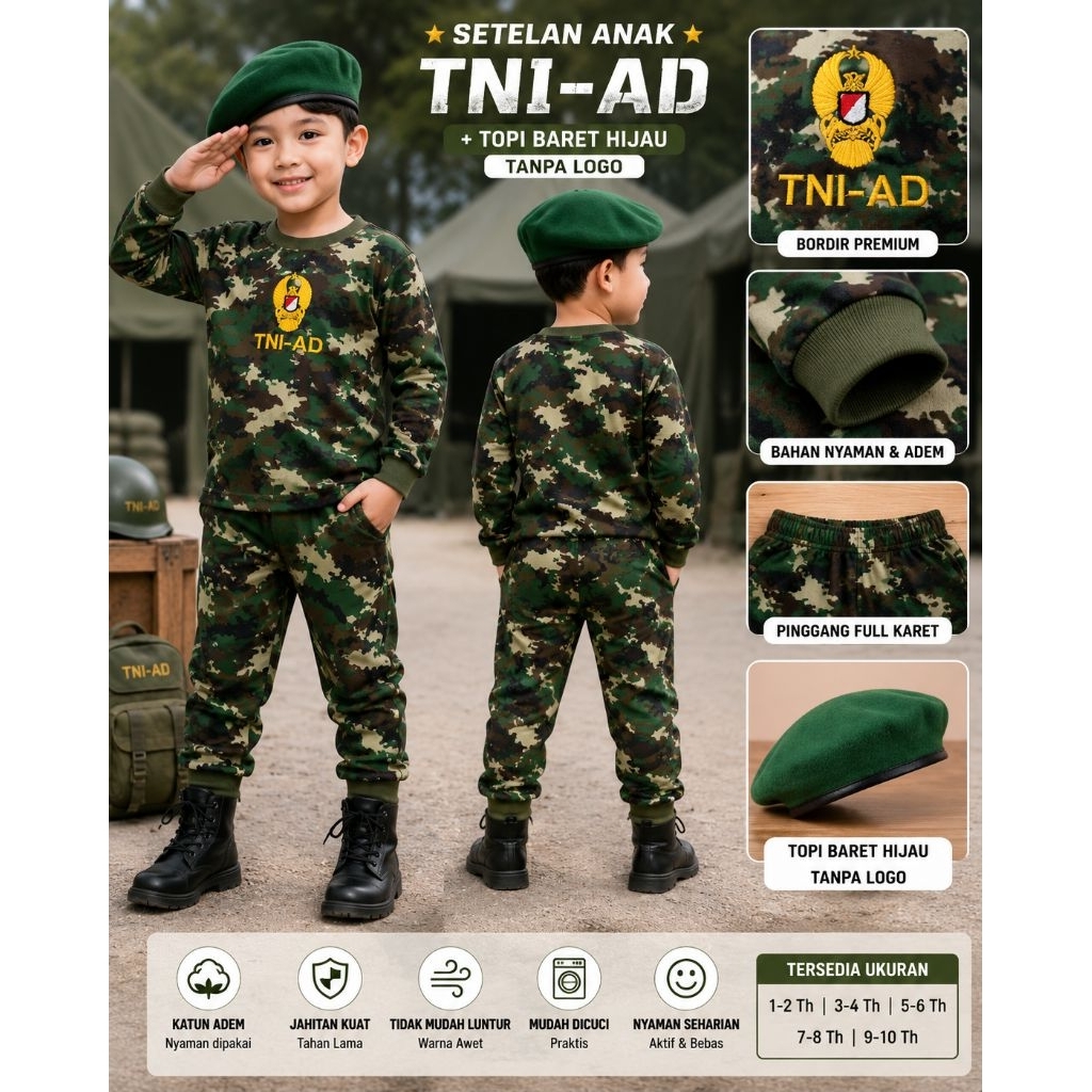 Setelan anak tentara TNI AD warna sage green//baju training anak TNI AD//pakaian anak TNI AD