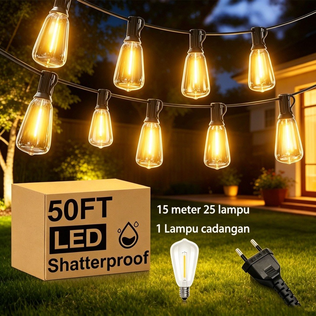 FOVENDI Lampu String ST38 Lampu Gantung Outdoor Bisa Disambung 15 Meter 25 Fitting Lampu Hias Taman 
