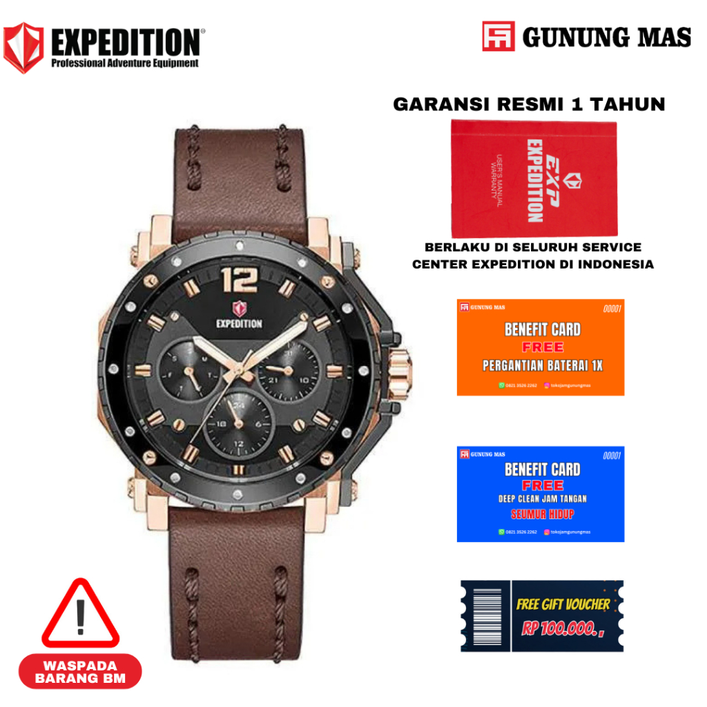 Jam Tangan Wanita Expedition Chronograph E 6402 BFLGRBA Black Dial Brown Leather