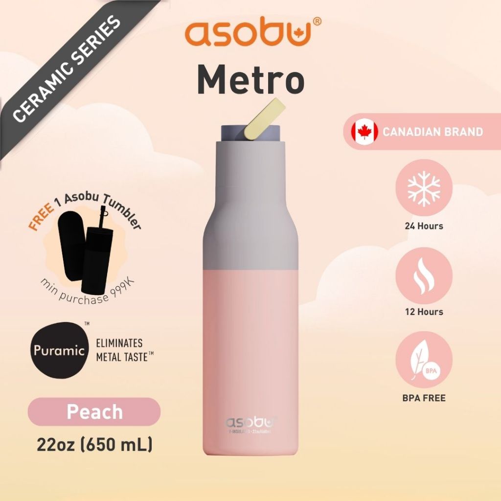 ASOBU Metro Bottle - Botol Minum / Tumbler / Termos Stainless Steel 650ML - Pastel Peach