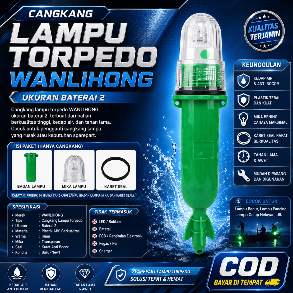 Original Lampu Torpedo Nelayan Wanlihong Batre 2 | Casing Cangkang Lampu LED Emergency