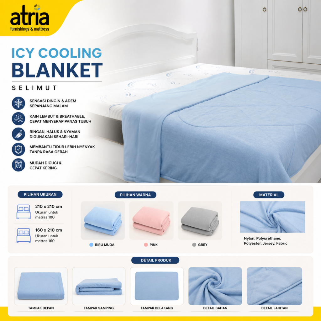 Atria Icy Cooling Blanket Selimut Dingin Multifungsi Bahan Adem Dan Nyaman 160 210 Blue Pink Grey