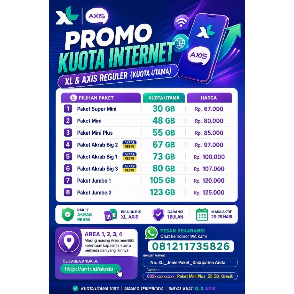 PROMO Kuota Internet XL & AXIS reguler (Kuota Utama) murah aman terpercaya