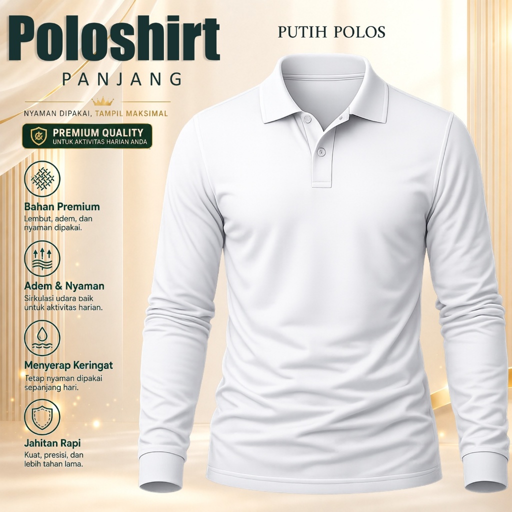 Kaos Kerah Lengan Panjang Putih Polos Pria Wanita Kaos Polo Unisex Kaos Polo Premium S M L XL XXL 3X