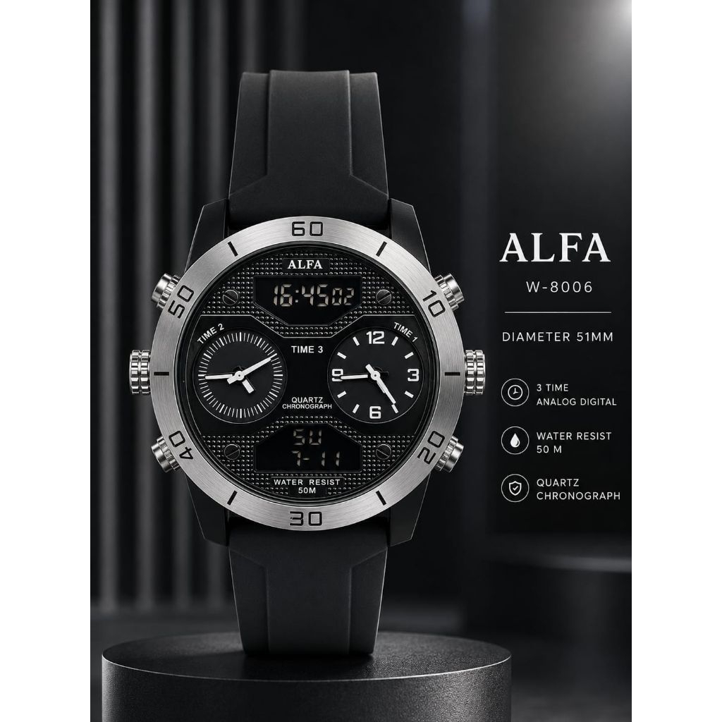 Alfa Original W-8006 Jam Tangan Pria Triple Time 51mm Water Resist 50M Quartz Chronograph dengan Str