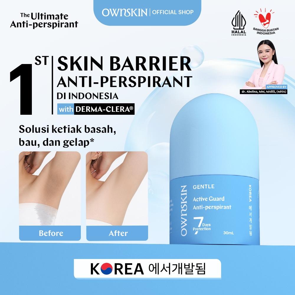 OWNSKIN Antiperspirant GENTLE Active Guard Roll On 30ml | The Ultimate Anti-Perspirant mengurangi Keringat & Bau Badan | BarrierCare+ Whitening | Dokter Approved | Mengurangi keringat hingga 7 hari