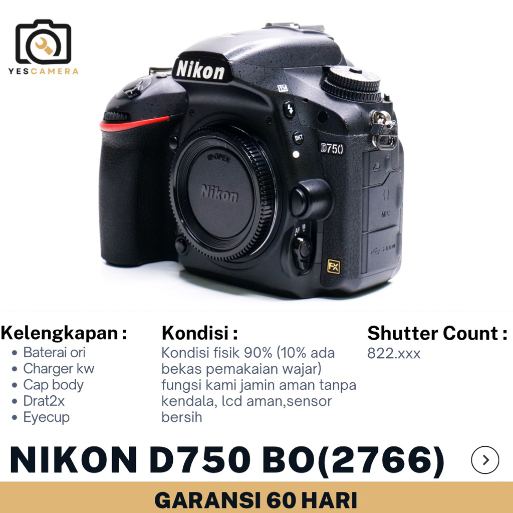 Nikon D750 BO (Bekas) - 24,3MP, Layar Lcd Miring, Wifi, Video Full HD - Unit Only(2766)